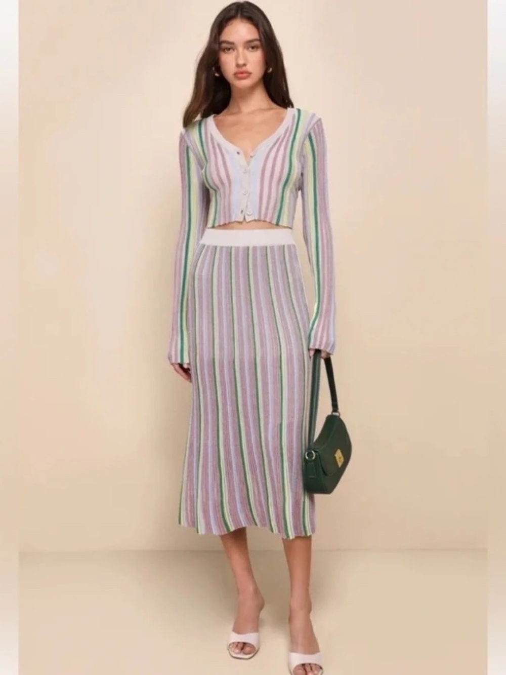 Lulus NWT Eye-Catching Trend Taupe Multi Striped Ribbed Midi Skirt and Top Set